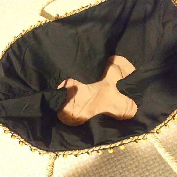 Handmade Braided Straw Basket Tote Boho Crochet Beaded Trim Drawstring Bag - Picture 7 of 10